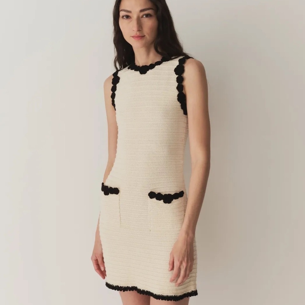 Doen Millicent Pima Cotton Knit Pocket Trim Sleeveless Mini Dress Cream Black - Picture 4 of 13